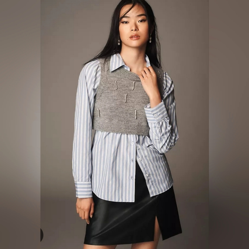 NWT Anthropologie Maeve Embellished Crop Vest And Buttondown Twofer Top